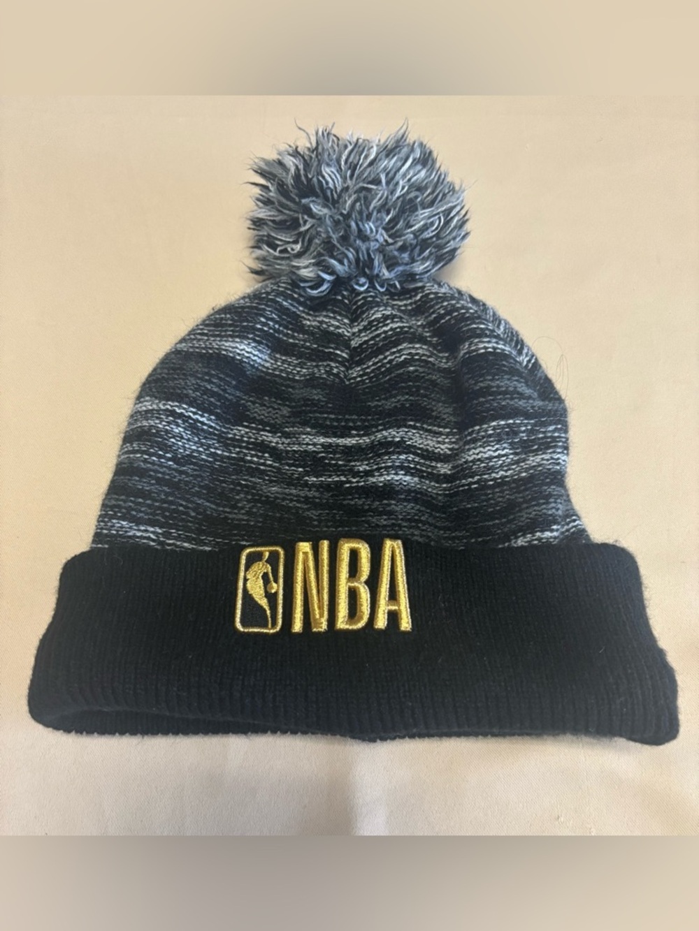 NBA Beanie Winter Pom Knit Fleece Lined Black Grey Gold Logo Striped Basketball